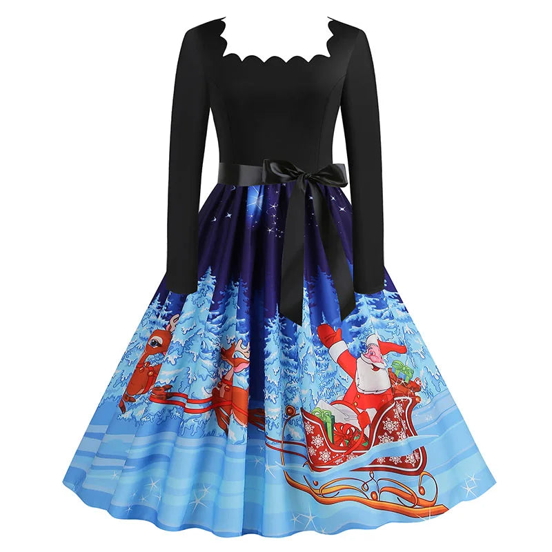 Women’s Vintage Christmas Midi Dress – Square Neck, Long Sleeves, Holiday Print Evening Party Wear