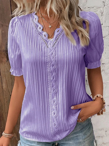 Women’s Lace Trim V-Neck Short Sleeve Blouse – Lightweight Summer Casual Top