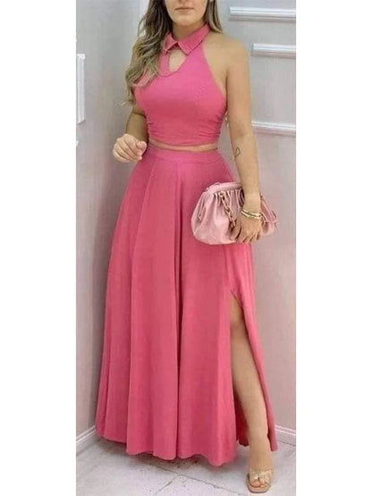 Women’s Pink Two-Piece Maxi Set – Halter Crop Top & High-Slit Flowing Skirt