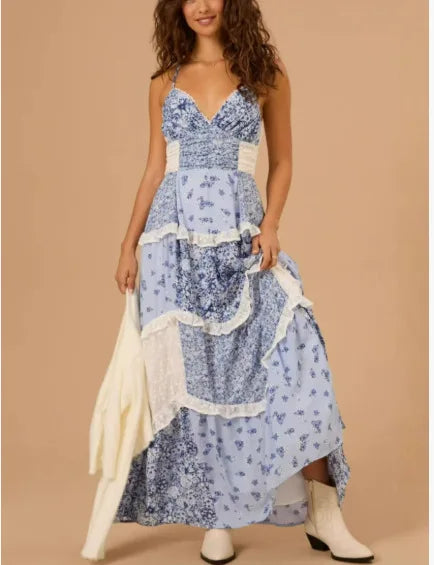 Women’s Floral Patchwork Spaghetti Strap Dress – Vintage V-Neck High-Waist Maxi Sundress