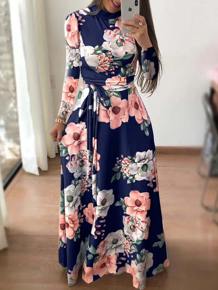 Women's Floral Long Sleeve Maxi Dress – Round Neck, Tie-Waist, Flowing Floor-Length Spring & Summer Dress