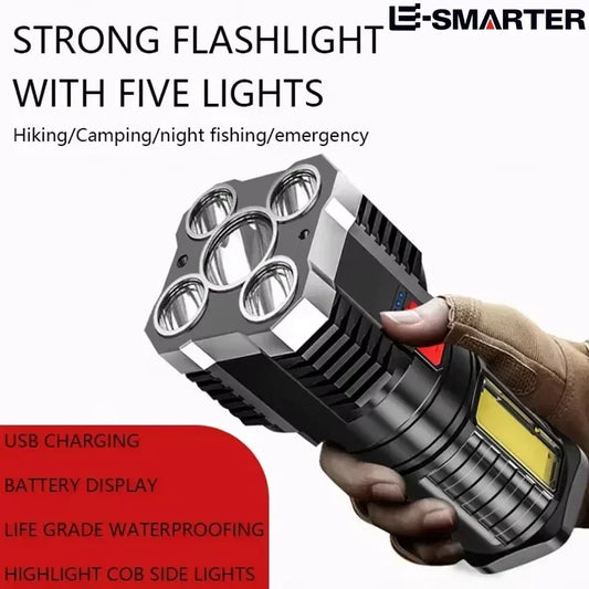 5-LED Tactical Rechargeable Flashlight with Side Light – High-Power & Emergency Use