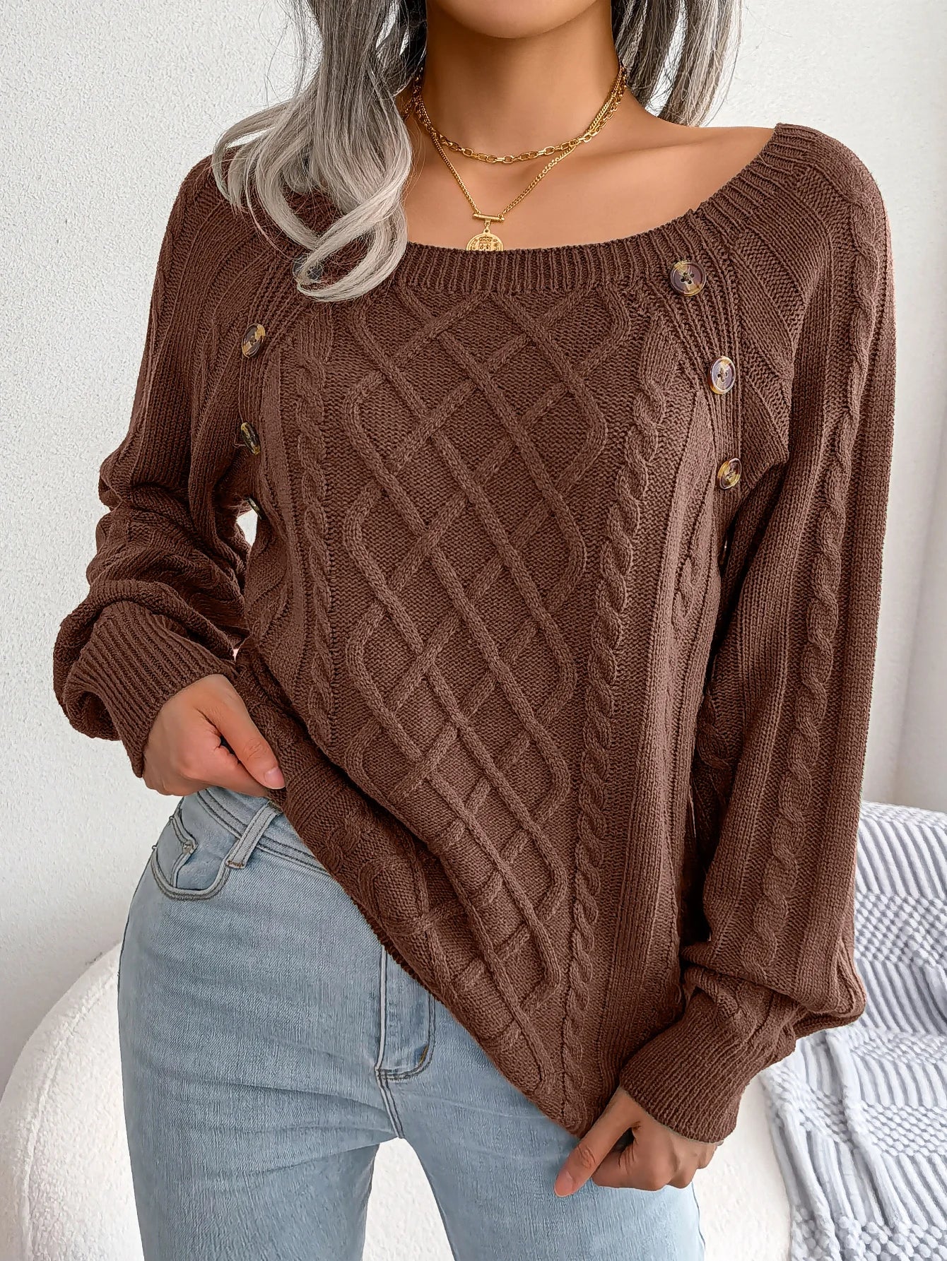 Women’s Square-Neck Button Detail Knit Sweater – Long Sleeve Textured Pullover for Fall & Winter