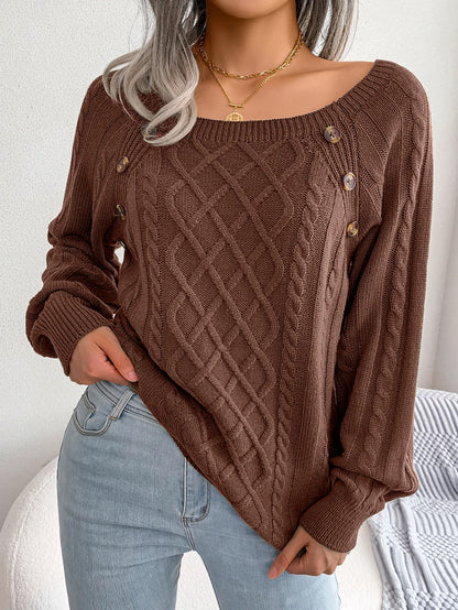 Women’s Square-Neck Button Detail Knit Sweater – Long Sleeve Textured Pullover for Fall & Winter
