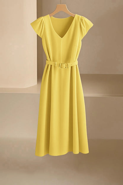 Elegant V-Neck Midi Dress – Soft Stretch Office Chic Dress with Flowy Silhouette