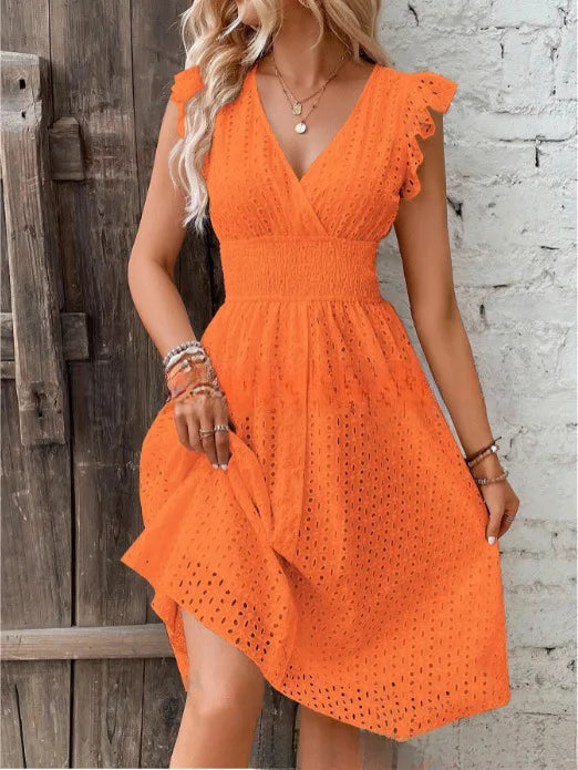 Women’s Lace Trim V-Neck Summer Dress – Flare Sleeve Hollow Detail A-Line Beach & Casual Holiday Dress