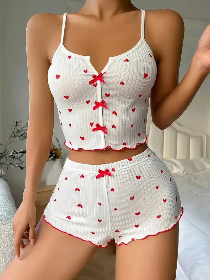 Women’s Heart Print Ribbed Pajama Set – Soft Cami Top & Shorts Loungewear