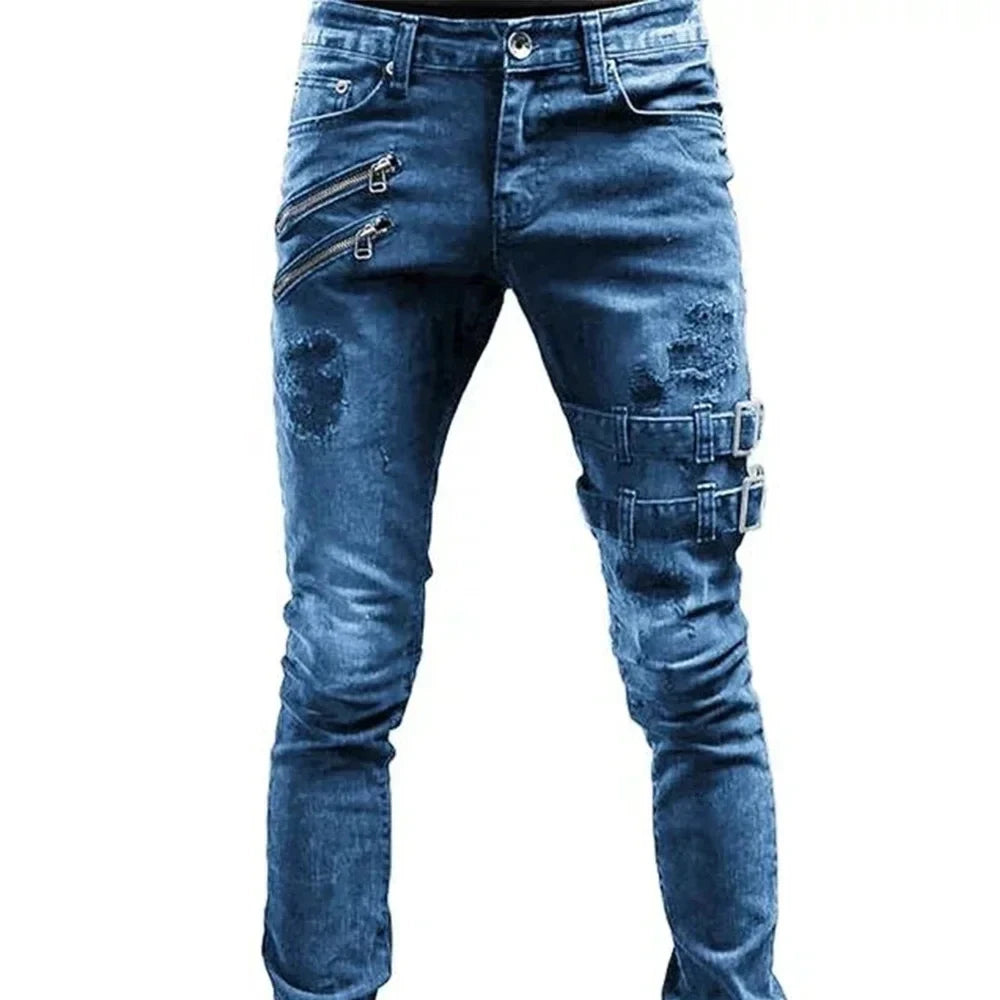 Men’s Moto Biker Cargo Jeans – Retro Streetwear Slim Fit Distressed Denim Pants