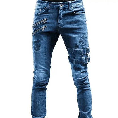 Men’s Moto Biker Cargo Jeans – Retro Streetwear Slim Fit Distressed Denim Pants