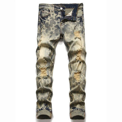 Men’s Retro Distressed Jeans – High Street Slim Fit Ripped with Star Print