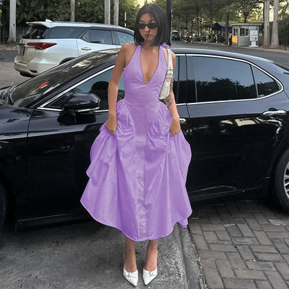 Backless Halter V-Neck Maxi Dress – Elegant Flirty Evening Party Dress for Summer