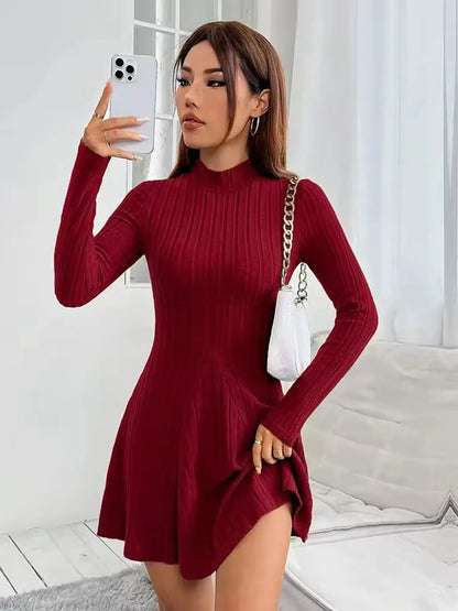 Ribbed High-Neck Long Sleeve Fit & Flare Dress – Waist-Cinched Stretch Knit Mini
