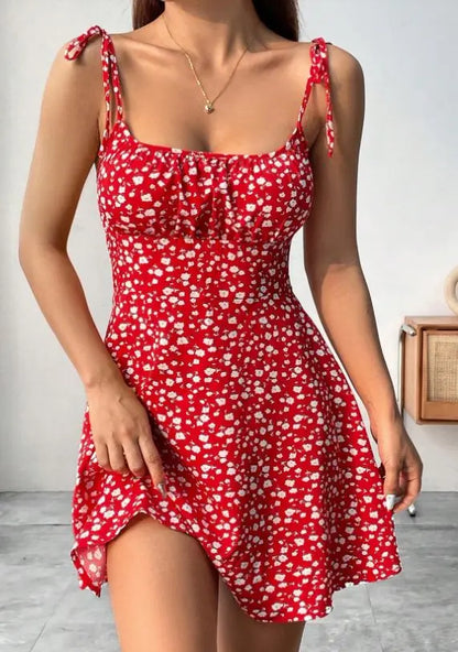 Flirty Red Floral Spaghetti Strap Mini Dress – Tie-Shoulder A-Line Fit, Sexy Summer Casual Sundress