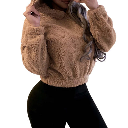 Women’s Fuzzy Bear-Ear Hoodie – Soft Plush Long Sleeve Warm Winter Pullover with Hood