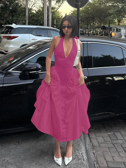 Backless Halter V-Neck Maxi Dress – Elegant Flirty Evening Party Dress for Summer