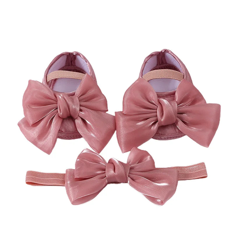 Baby Girl Baptism Mary Jane Shoes & Bow Headband Set – Soft Sole Bowknot for Newborns & Infants