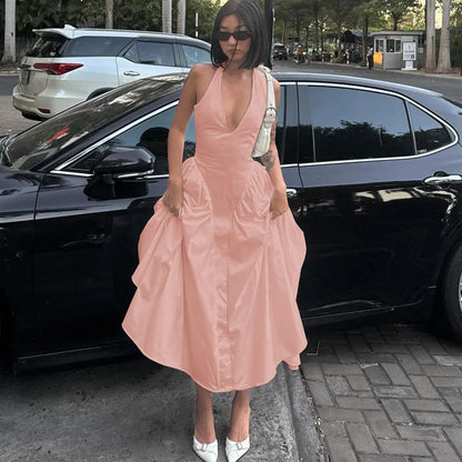 Backless Halter V-Neck Maxi Dress – Elegant Flirty Evening Party Dress for Summer