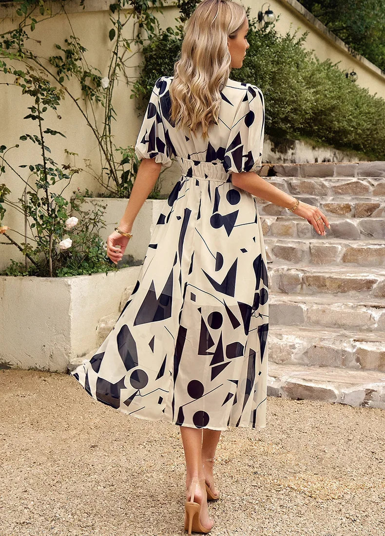 Summer V-Neck Floral Print Maxi Dress -  Lantern Sleeve