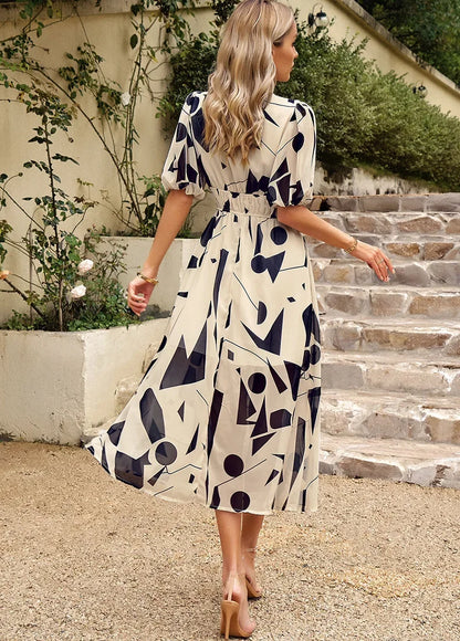 Summer V-Neck Floral Print Maxi Dress -  Lantern Sleeve