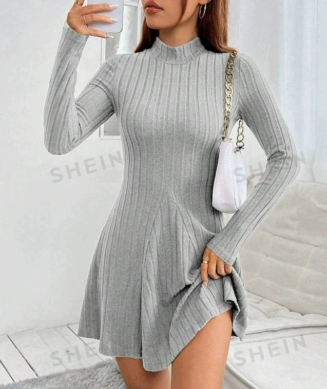Ribbed High-Neck Long Sleeve Fit & Flare Dress – Waist-Cinched Stretch Knit Mini