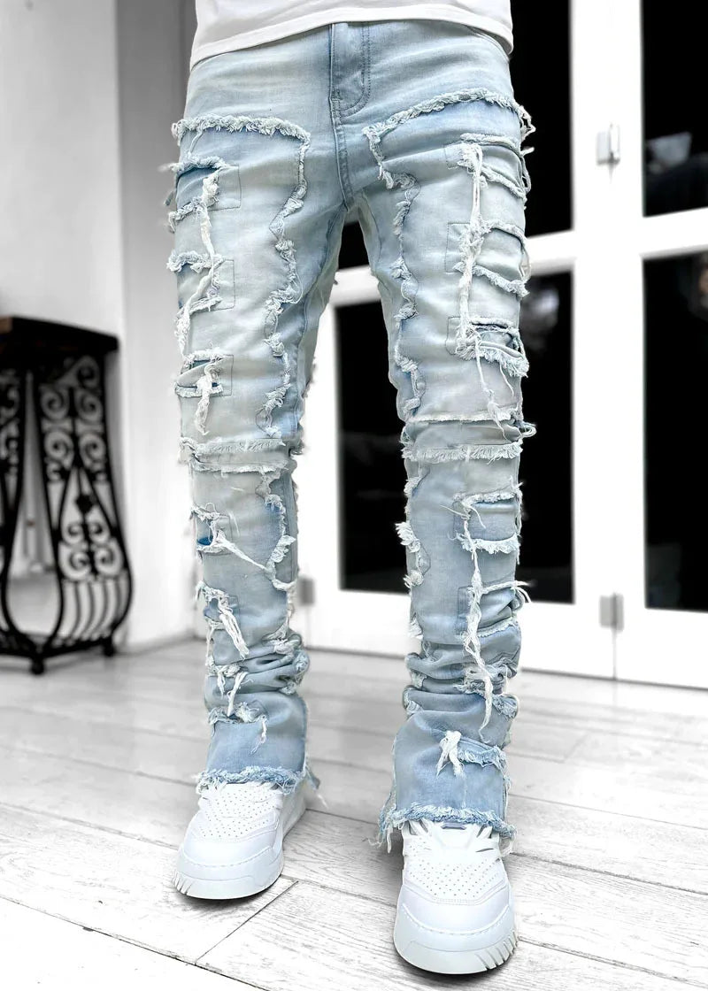 Men’s Stacked Distressed Ripped Jeans – Slim Fit Patchwork Destroyed Denim Streetwear