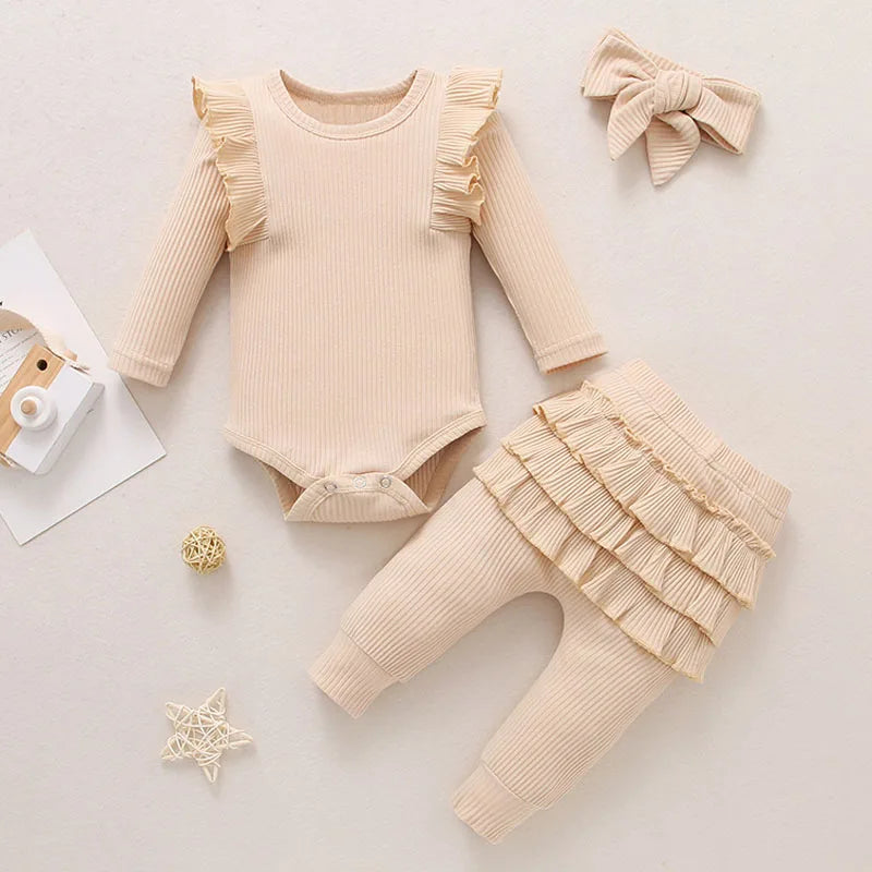 Baby Girl Ruffle Romper Outfit Set – Pants & Bow Headband (3-Piece Newborn–Toddler Set)