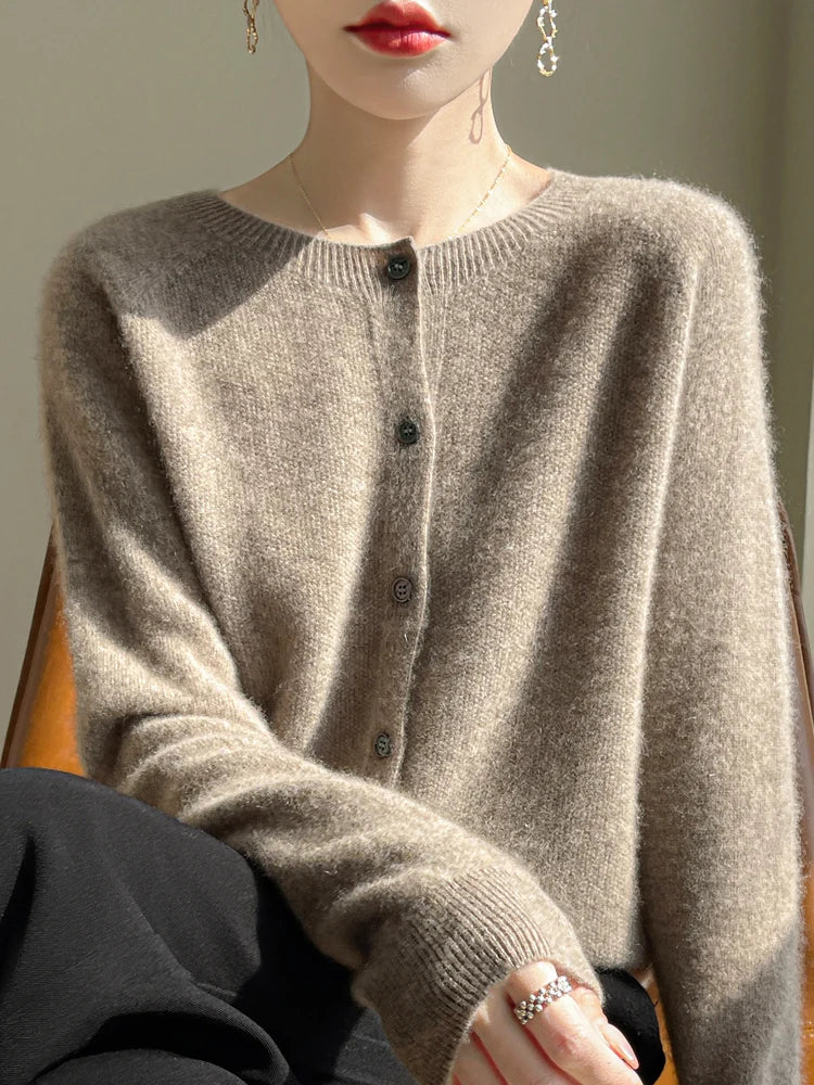 100% Merino Wool Women's Cardigan – Luxury Soft Knit Raglan Sleeve Button-Front Sweater