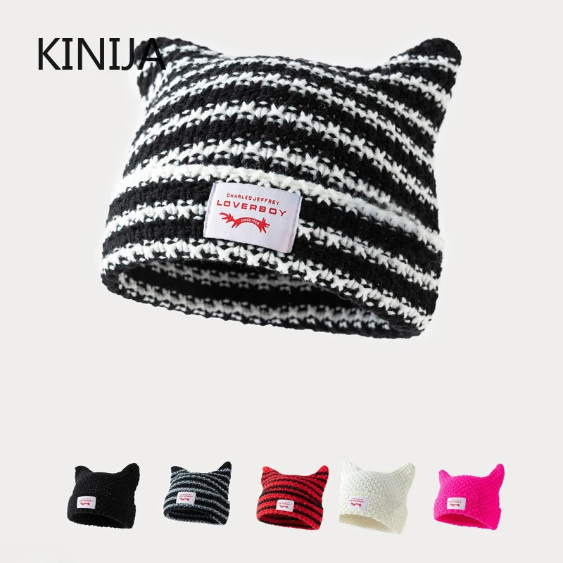 Cat Ear Knit Beanie – Warm Winter Crochet Hat for Men & Women, Soft Kawaii Streetwear