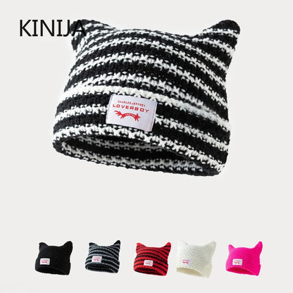 Cat Ear Knit Beanie – Warm Winter Crochet Hat for Men & Women, Soft Kawaii Streetwear