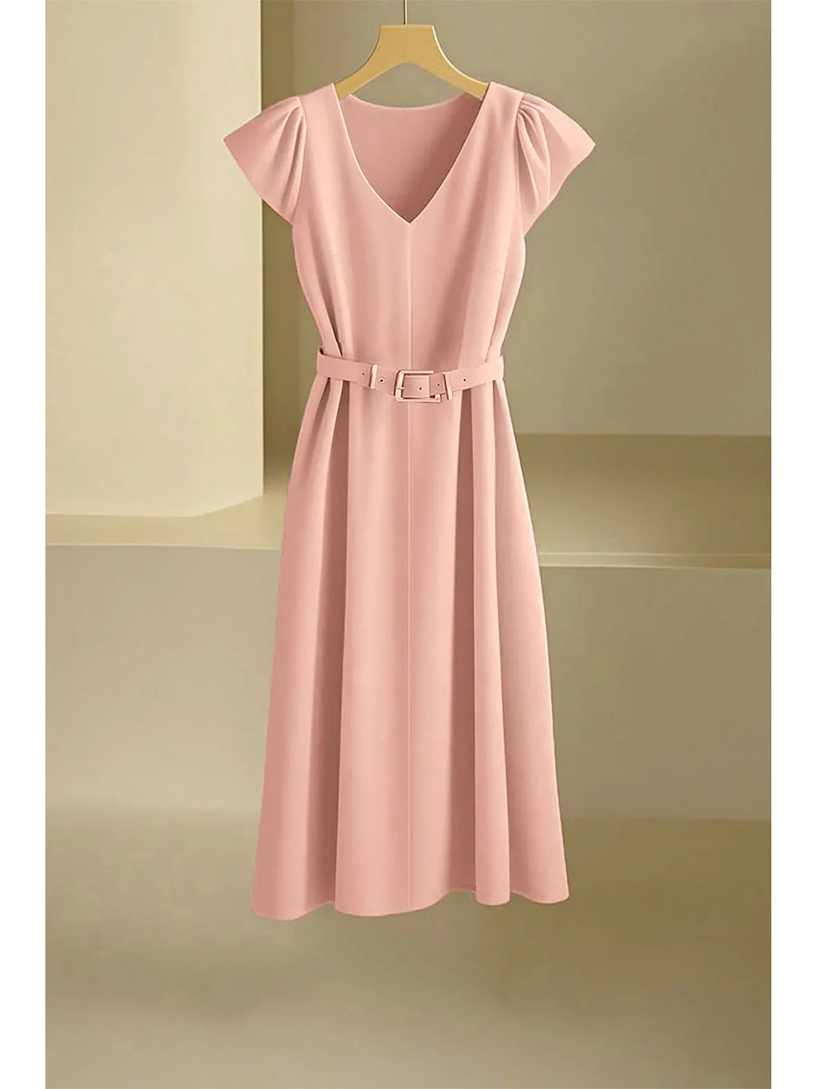 Elegant V-Neck Midi Dress – Soft Stretch Office Chic Dress with Flowy Silhouette