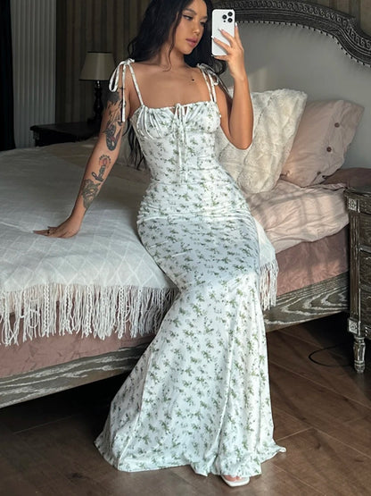 Women’s Floral Bodycon Maxi Dress – Elegant Beach Vacation Dress with Stretch Fit, Spaghetti Straps