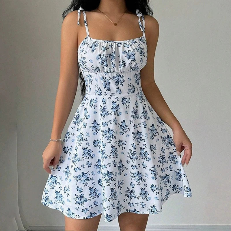 Floral Tie-Strap A-Line Mini Dress – Soft Spaghetti Strap Sundress with Fitted Bodice & Flowy Skirt