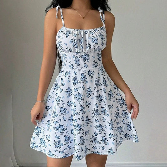 Floral Tie-Strap A-Line Mini Dress – Soft Spaghetti Strap Sundress with Fitted Bodice & Flowy Skirt