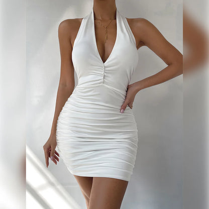 Sexy Deep V Halter, Backless Mini Dress – Backless Ruched Bodycon Club Dress