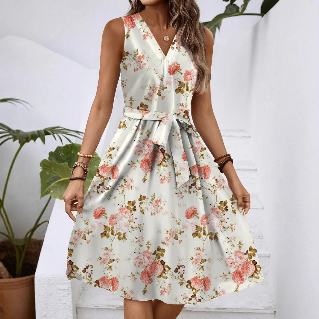 Women’s Floral V-Neck A-Line Dress – Sleeveless Lace-Up Waist Knee-Length Sundress