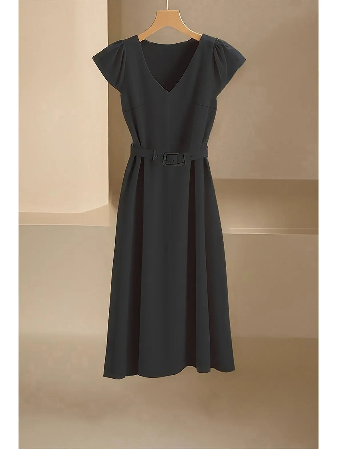 Elegant V-Neck Midi Dress – Soft Stretch Office Chic Dress with Flowy Silhouette