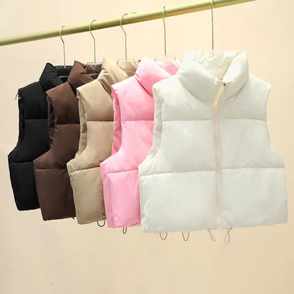Women’s Cropped Puffer Vest – Warm Sleeveless Zip-Up Stand Collar Winter Quilted Jacket