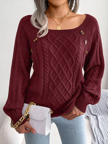 Women’s Square-Neck Button Detail Knit Sweater – Long Sleeve Textured Pullover for Fall & Winter