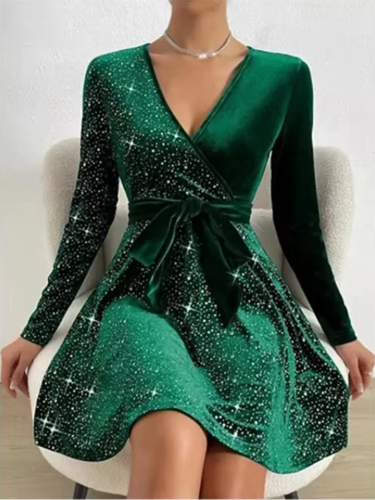Women’s Sparkling A-Line Mini Party Dress – Long Sleeve V-Neck Glitter Wrap Cocktail Dress