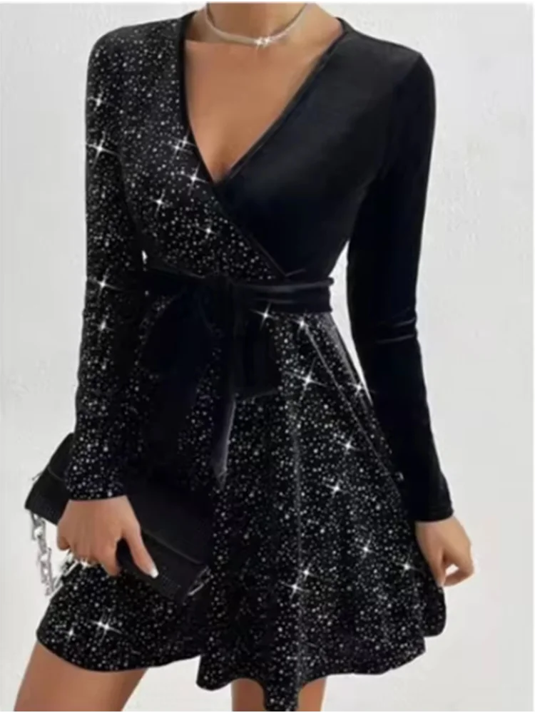Women’s Sparkling A-Line Mini Party Dress – Long Sleeve V-Neck Glitter Wrap Cocktail Dress