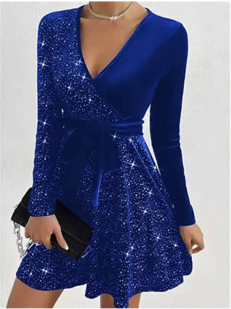 Women’s Sparkling A-Line Mini Party Dress – Long Sleeve V-Neck Glitter Wrap Cocktail Dress