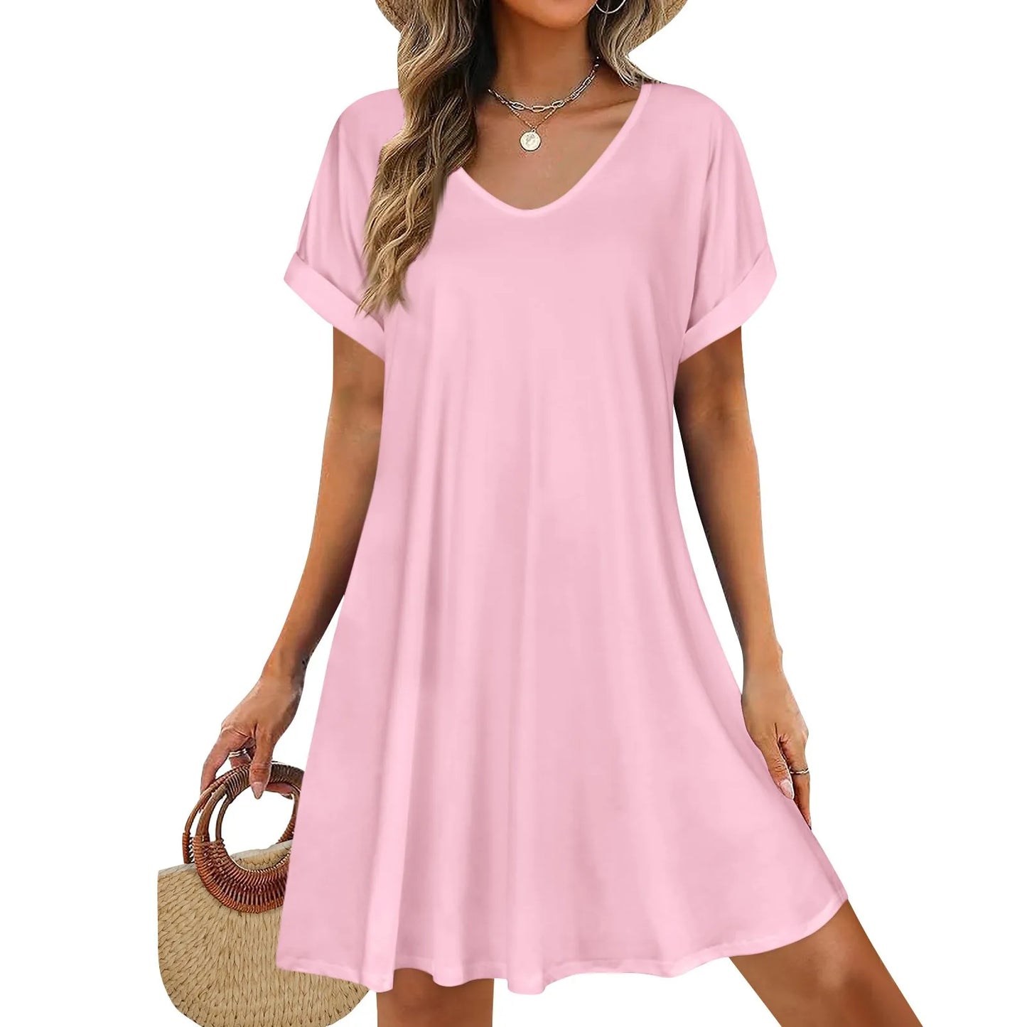 Women’s Loose Swing Summer T-Shirt Dress – Short Sleeve Casual Beach Sundress