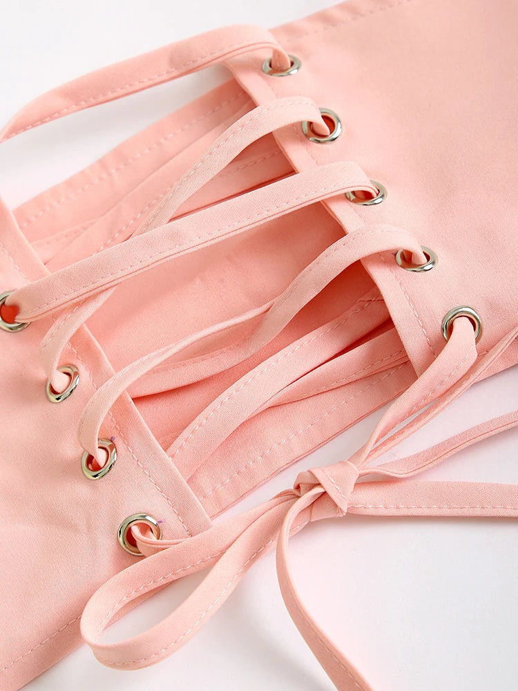 Women’s Floral V-Neck Corset Waist Dress – Sleeveless Lace-Up Cinched A-Line Midi Dress