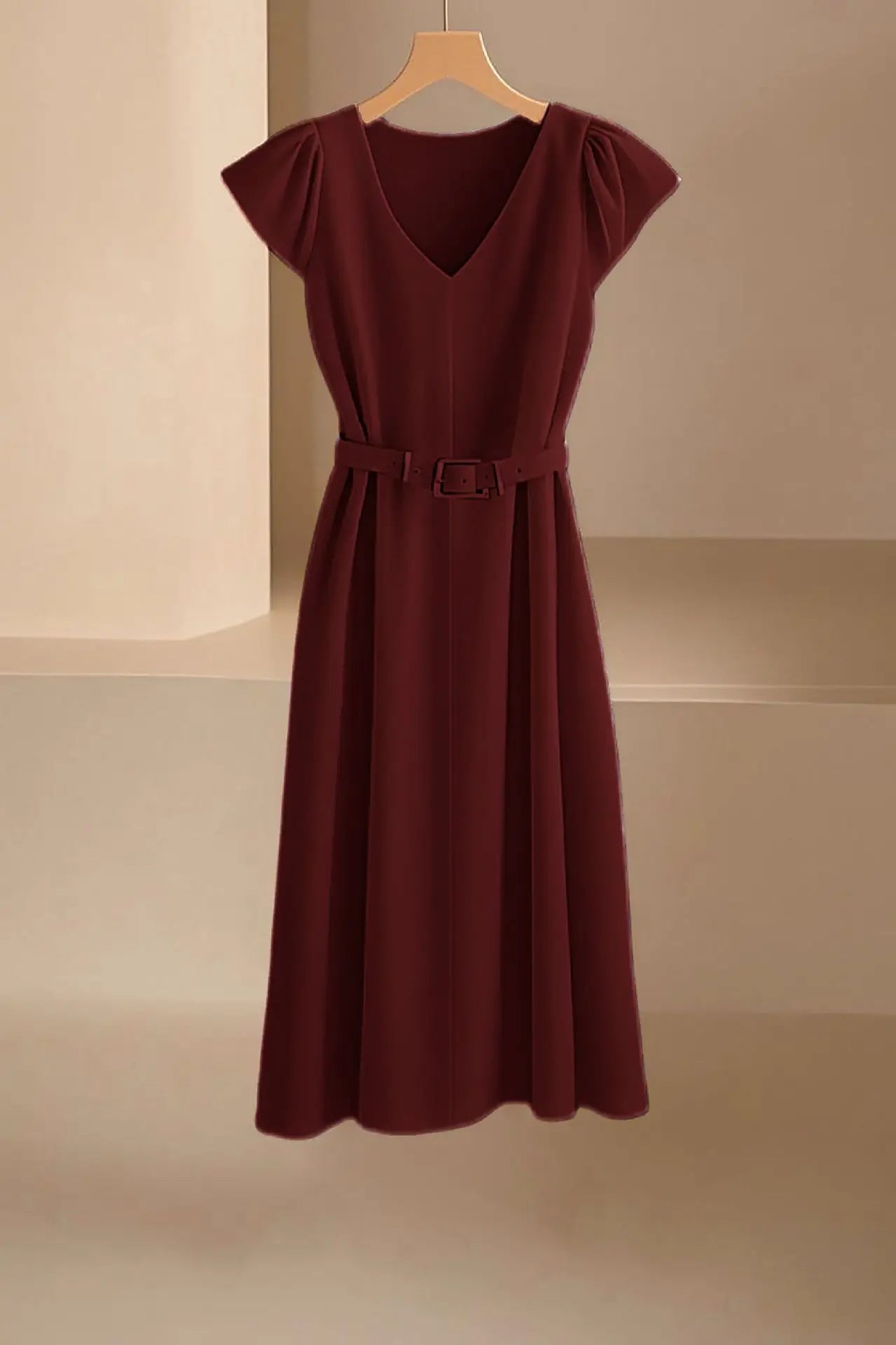 Elegant V-Neck Midi Dress – Soft Stretch Office Chic Dress with Flowy Silhouette
