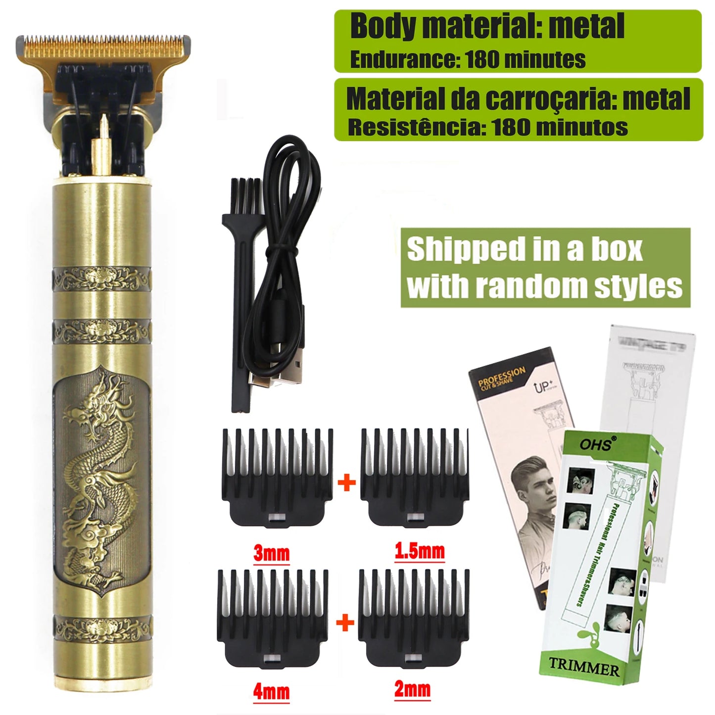 Dragon Engraved Hair Clipper –  Zero-Gap Shaver, Rechargeable Timmer