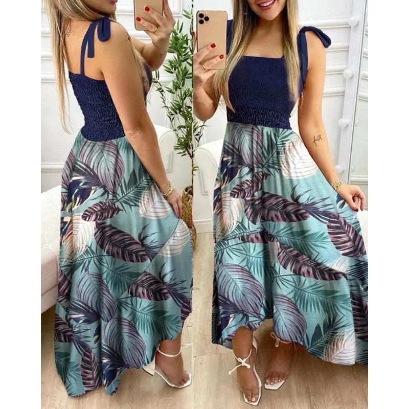 Women’s Floral Tie-Strap Maxi Dress – Sleeveless Smocked Bodice & Summer Dress