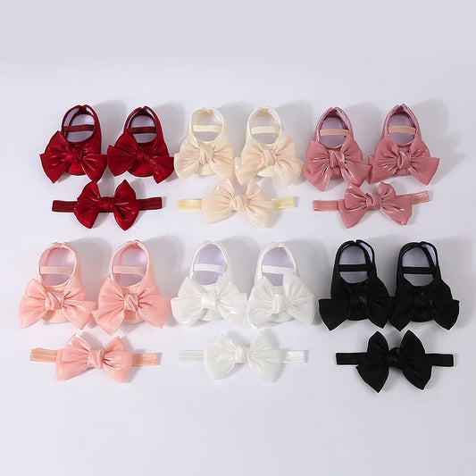 Baby Girl Baptism Mary Jane Shoes & Bow Headband Set – Soft Sole Bowknot for Newborns & Infants