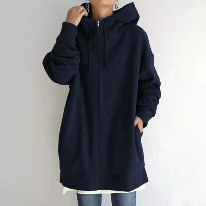 Oversized Hooded Longline Coat – Fleece-Lined Zip Up Tie-Collar Sweatshirt for Women (S–5XL)