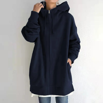 Oversized Hooded Longline Coat – Fleece-Lined Zip Up Tie-Collar Sweatshirt for Women (S–5XL)
