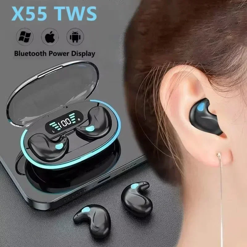 X55 Mini Sleeping Earbuds – Wireless TWS Bluetooth Earphones with Charging Display Case